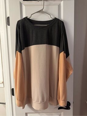 Colorblock Ribbed Pullover - Black, Cream & Peach